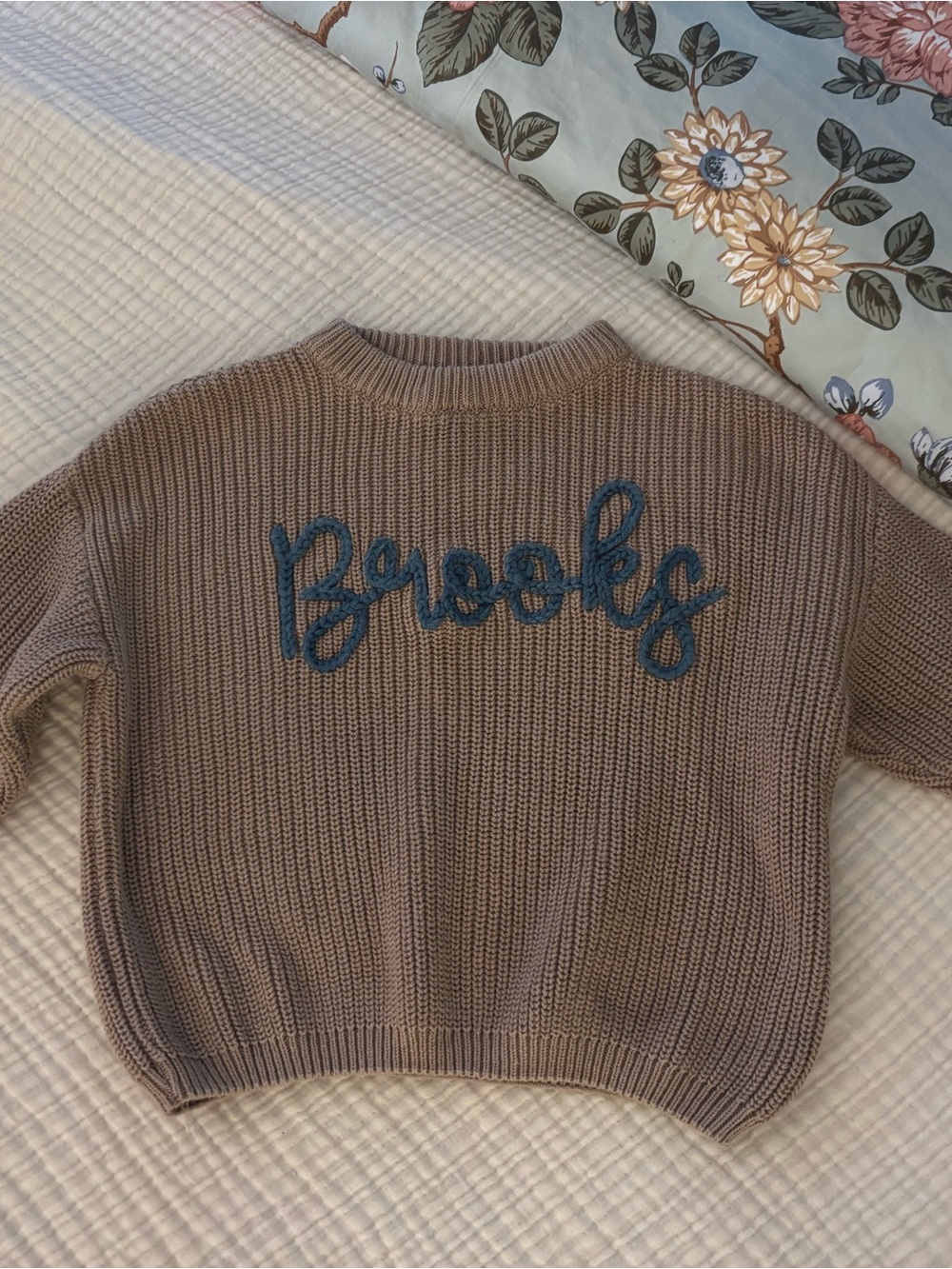 Brooks Monogrammed Taupe Knit Sweater with Blue Embroidered Script